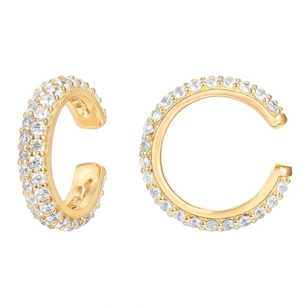 14K Gold Plated CZ Sparkling Round Huggie Ear Cuff Clip On Earrings